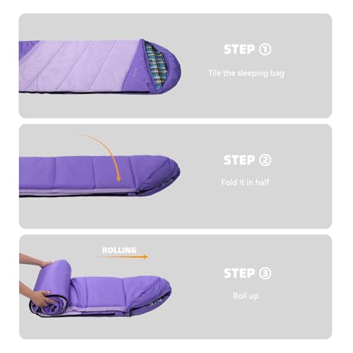 Cotton Flannel Lined Sleeping Bag for Adults Teens Kids, Cold Weather & Warm, 3 Seasons, Lightweight Compact Camping Essentials Equipment, Hiking, Outdoor, Travel - color: Deep Purple & Light Purple