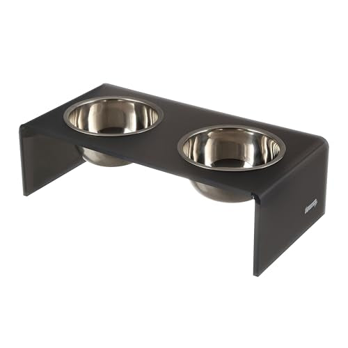 DBL2000J Keaton 5" Small/Medium Modern Acrylic Rectangular Elevated Pet Feeder with 20oz 2-Stainless Steel Bowls, Dark Gray/Chrome - color: Dark Gray/Chrome, size: 20 Ounces (5" Cups 2-Pack)