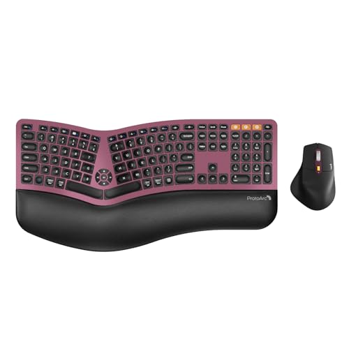 ProtoArc EKM01 Plus Wireless Ergonomic Keyboard Mouse Combo - Wine Red | Full-size Split Keyboard with Cushioned Wrist Rest, Ergonomic Mouse, 3-Device Bluetooth/2.4G, USB-C Rechargeable - color: Wine Red