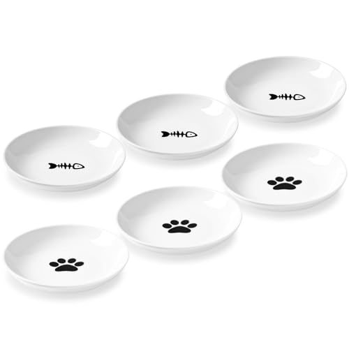 Ceramic Cat Bowls – Whisker Friendly, Anti-Vomiting Food Plates for Indoor Cats, Safe & Hygienic Cat Dishes, Stylish Ceramic Cat Food Bowls Set(6 Pack) - color: fishbone+cat paw, size: basic dish，6 pack