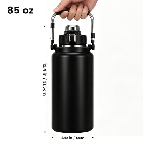 85oz Insulated Water Bottle 2-in-1 Lid,Black | Stainless Steel, Leak-Proof, 24H Cold & 12H Hot, Handle, for Gym, Camping, Hiking.