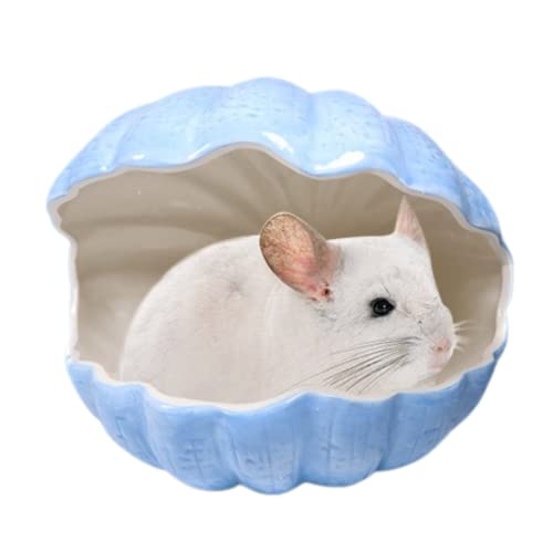 Small Animal Hideout Extra Large Ceramic Shell Shape Guinea Pig House Chinchilla Igloo Habitat Hut Cave Summer Bed Cage Accessories for Hedgehog Rabbit Hamster Gerbil Rat (XL (9.5''x7''x7.9''), Blue) - color: Blue