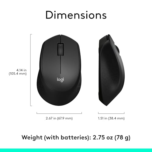 Logitech M330 Silent Plus Full Size 2.4 GHz Wireless Mouse - Black | Silent, lightweight, 2.4 GHz USB-A Nano Receiver, 1000 dpi optical tracking, 2-year battery life, PC, Mac, laptop compatible - color: Black