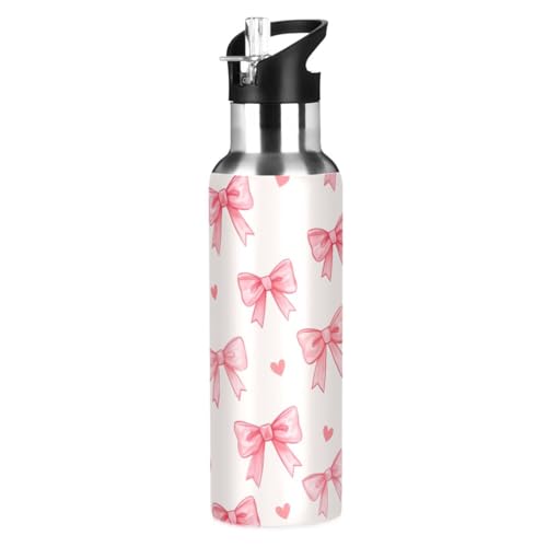 Pink Bows Red Water Bottle Kids Stainless Steel Water Bottle with Straw Lid | Leak Proof Boys Girls Insulated Tumbler Cup for School 20 oz - color: Multi20