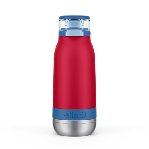 Ello Emma 14oz Insulated Stainless Kids Water Bottle with Straw, Red Splash | Insulated stainless steel kids water bottle with straw, leakproof locking lid, carry handle, and cold drinks for school - color: Red Splash