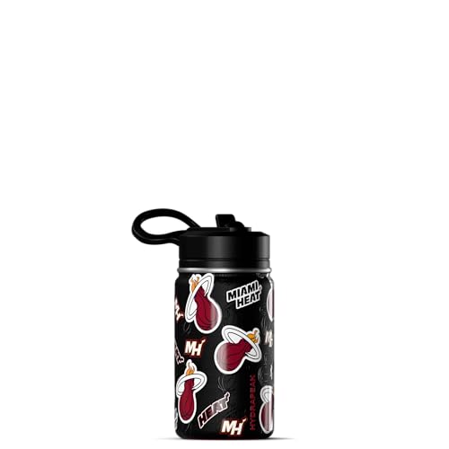 Hydrapeak x NBA Officially Licensed Miami Heat 14oz Mini Kids Water Bottle with Straw Lid and Handle Reusable Stainless Steel Double Wall Insulated Spill Proof Sports Gift for Boys Girls - color: Miami Heat