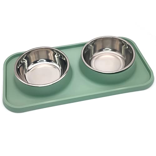 BNOSDM Double Dog Food Bowls Stainless Steel Dog Food and Water Bowls with Non-Spill Plastic Mat Pet Cat Feeder Bowl Set for Puppy Cats Kitten Small Medium Dogs Green - color: Green