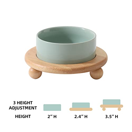Havniva Raised Cat Bowl 5.1” Elevated Ceramic Cat Food and Water Bowl | Cat Bowls Elevated, Whisker Friendly Cat Bowl, Non-Slip Wood Stand, Food-Grade Ceramic, Wide Opening, Dishwasher Safe - color: 1 x Bowl + Stand - Light Green, size: 5.1inch
