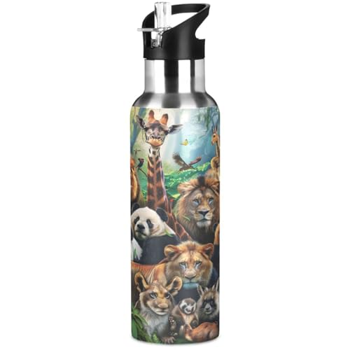 Africa Animals Water Bottle Kids Insulated Sports Vacuum Stainless Steel Mug with Straw Lid & Handle 20 oz - color: C341