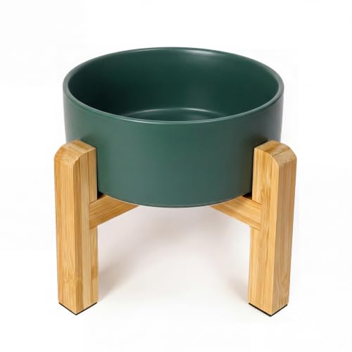 Ceramic Elevated Dog Bowl with Bamboo Stand, for Small & Medium Dog, Green - color: Green, size: Medium