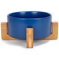 NAT & Jules Small Navy 6 inch Stoneware Ceramic and Wood Pet Bowl with Stand - color: Navy
