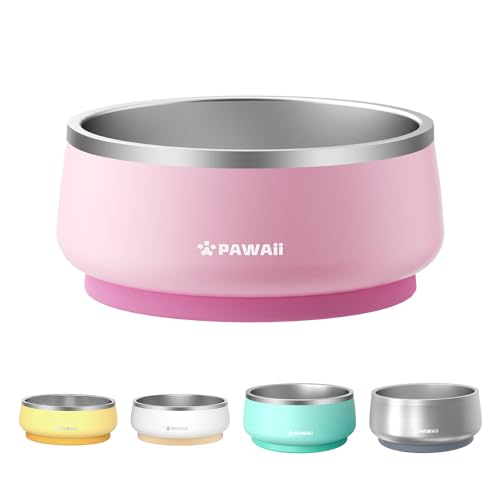 Pawaii Dog Bowl,34 oz Stainless Steel Food and Water Bowl,ID Tag,1 Pack | Double-Wall Design,Non-Slip Rubber Base,Dishwasher Safe,Smooth Open Design, Not a Slow Feeder,Easy-Rinse Interior - color: Sakura Pink, size: 34oz