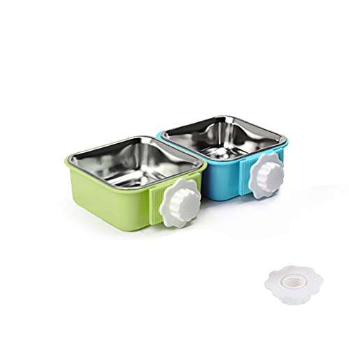 Crate Dog Bowl,Removable Stainless Steel Water Food Feeder Bowls Crate Coop Cup,Pet Cage Bowls with Bolt Holder for Cat, Puppy, Birds, Rats, Rabbits Small Animals ((Blue+Green) Square, Large) - color: (Blue+Green) Square, size: Large