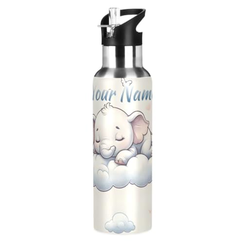 Custom Elephants Animal Forest Water Bottle Kids Stainless Steel Bottle with Straw Lid Personalized Name Boys Girls Insulated Cup for School 20 oz - color: Multi100