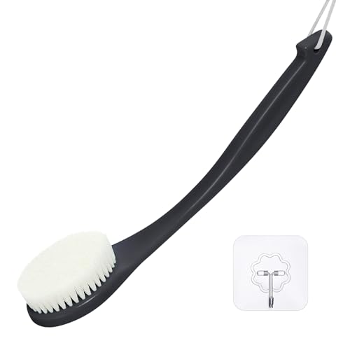 Exfoliating Shower Brush Bath Body Brush, Never Mold 15" Back Brush Long Handle for Shower, Dry Brushing Body Brush or Wet Brush with Moderate Bristle, Black