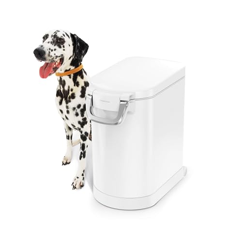 simplehuman Medium Pet Food Storage Container, Holds 25-29 lb / 11-13 kg of Dry Dog Food, Cat Food, or Bird Seed, Airtight Lock-Tight Lid with Magnetic Scoop, BPA-Free, White Steel - color: White, size: Medium