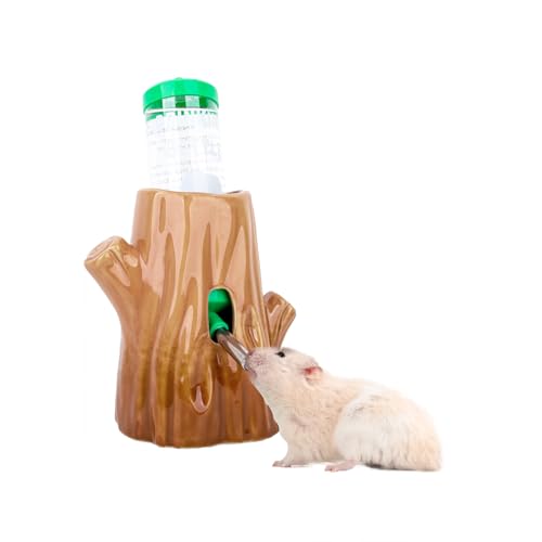 4.27oz(125ML) Stump-Shaped Ceramic Hamster Water Bottle (Green) | Leak Proof Small Animal Waterer with Bracket,for Syrian Dwarf Hamster, Mice, Chinchillas - color: Brown + green