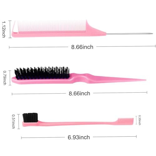 3Pcs Slick Back Edge Control Set with Rat Tail Comb, Black Hair Edge Styling Brush, Gummy Salon Tools for Fine Hair Combing & Smooth Bun Hairstyles (black) - color: black