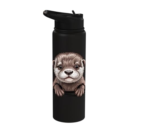Cute Otter Pup Funny Peeking Pocket Animals Stainless Steel Insulated Water Bottle - color: Black