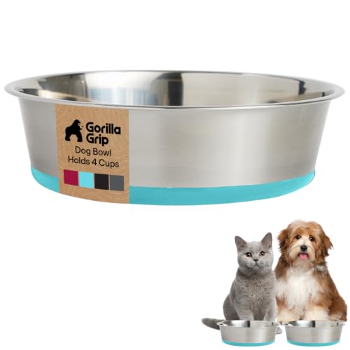 GORILLA GRIP Dog Bowl, Holds 4 Cups (32 fl oz), Food Grade 304 Stainless Steel Food and Water Bowl for Feeding Dogs and Cats, BPA Free Rubber Base, Easy Clean, Dishwasher Safe Rust Resistant Turquoise - color: Turquoise, size: 4 Cup (32 Oz)