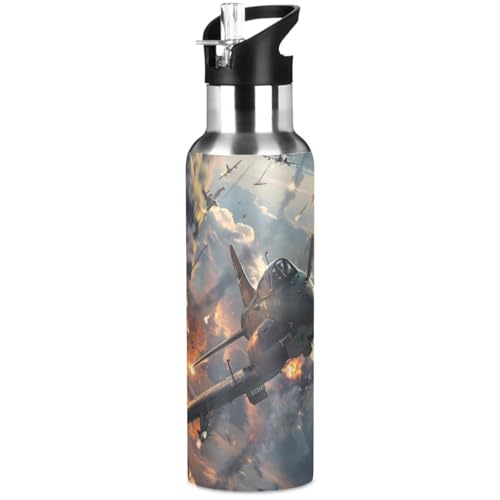 Fighter Jets in Action Water Bottle Kids Insulated Sports Vacuum Stainless Steel Mug with Straw Lid & Handle 20 oz - color: C1019