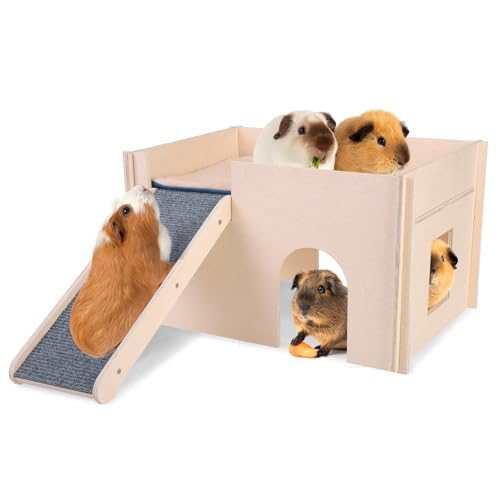 PAWCHIE Wooden Guinea Pig Hideout with Pee Pad Set, Detachable Small Animal House Bed Hut Habitats with Stairs and Windows, Bunny Hideout Castle for Indoor Hamsters Chinchilla Gerbil Playing Hiding - color: Rectangular Hut with Pee Pad and Stairs