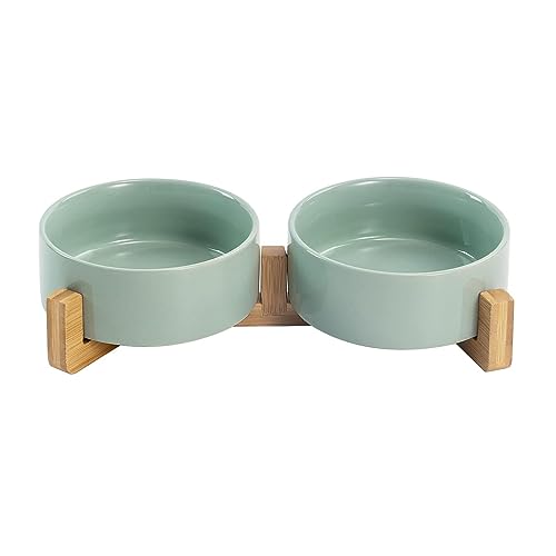SPUNKYJUNKY Ceramic Dog and Cat Bowl Set with Wooden Stand, Modern Cute Weighted Food Water Set for Small Size Dogs (13.5OZ) & Medium Sized Dogs (28.7OZ) & Cats (1.7 Cups, 2 × Morandi Green) - color: Morandi Green × 2, size: 1.7 cups
