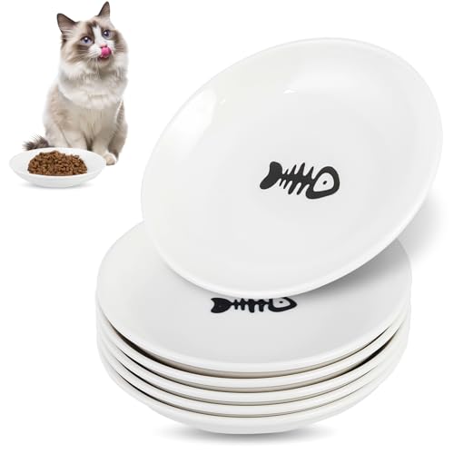 6 Pack Cat Food Bowl, Ceramic Cat Bowls, Anti Whisker Fatigue Cats Bowl Set | 5.5 Inches Shallow Wide Kitten Plates for Food and Water (White-D) - color: White-D