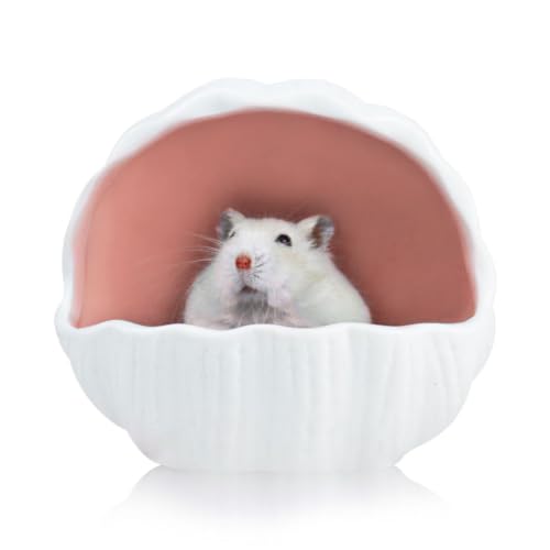WishLotus Ceramic Hamster Hideout, Adorable Sea Shell Shaped Hamster House, Large-Opening Small Animal Hideout, Small Animal Hideout Habitat Decor for Dwarf Hamsters Gerbils (Pink) - color: Pink