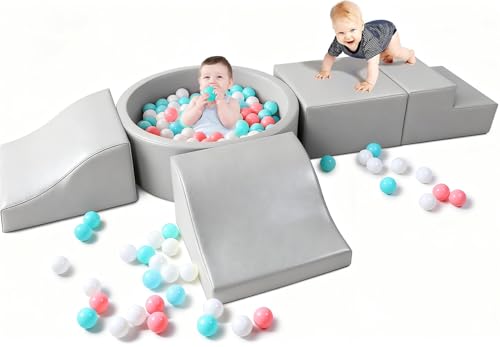 Hoohtoot Foam Climbing Blocks for Toddler: with 4-Piece PU Leather Climbing Toys and a Ball Pit - Foam Ball Pit for Toddlers - Climbing Toys Indoor for Kids Crawling - style: Foam Climbing Blocks with Ball Pit