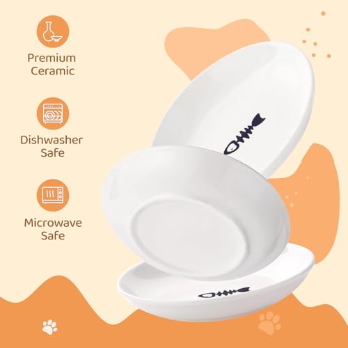 Ceramic Cat Food Plates: Cat Wet Food Bowls/Whisker Fatigue Cat Dishes & Shallow Bowls for Kittens and Small Animals | For wet/dry food; fits kittens, rabbits, hamsters; microwave & dishwasher safe; stable fishbone design - color: Fish bone