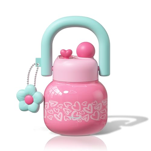 22 oz Tote Insulated Water Bottle with Handle, Leakproof, Heart | Cute design with durable 316L stainless steel, dual sip, keeps drinks hot or cold longer, travel and everyday hydration - color: Heart