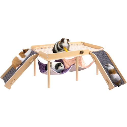 BESNEW Enlarged Guinea Pig Hammock with Platform and Stairs,Wooden Foldable Piggies Hideout for Guinea Pigs Bunny Ferret Hamster Hiding Sleeping Activities 24L x 12W x 11H in（Double） - style: Hammock with 2 ramps