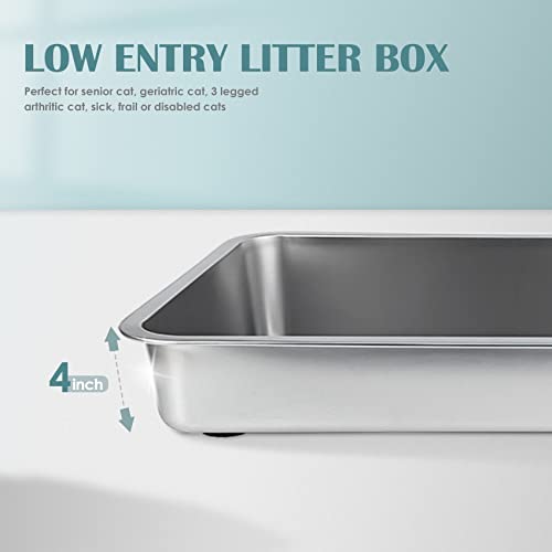 Stainless Steel Cat Litter Box,Large Metal Litter Box,19.5" Lx13.5 Wx4 H | Never Absorbs Odors,Stain Free, Rustproof, Non Stick Smooth Surface, Anti-Slip Rubber Bottom - color: 4" H, size: 19.5"L x 13.5"W