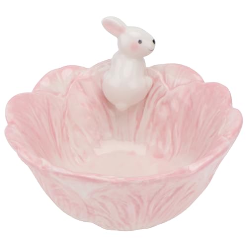 Yardwe Pink Ceramic Bunny Bowl, 5.9 Inch Cabbage Leaf Shaped Rabbit Dish for Easter Candy Dessert Snack, Cute Porcelain Animal Cereal Soup Serving Bowl for Home Kitchen Table Decoration