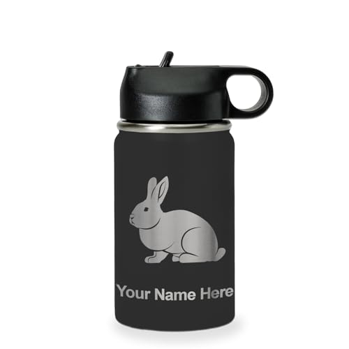 LaserGram Personalized 12oz Water Bottle, Rabbit (Black) | Engraved Gift, Vacuum Insulated Stainless Steel, Flip-Top Straw Lid, Laser Engraved With Your Name - color: Black, size: 12 Ounces