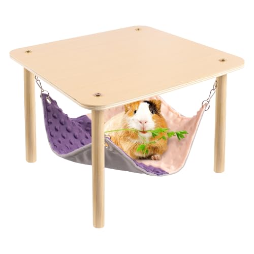 BESNEW Enlarged Guinea Pig Hammock with Wooden Stand,Small Animal Hanging Bed Large Platform for Guinea Pigs Bunny Ferret Hamster Hiding Sleeping 13L x 13W x 11H in - style: Hammock with stand