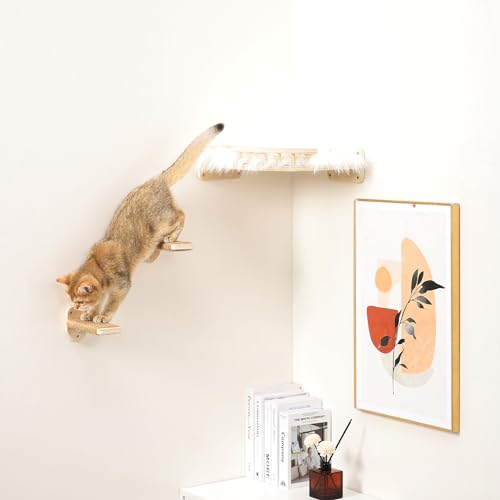 3-in-1 Cat Climbing Wall Steps with Hemp Rope, Shelves and Perches, Scratching Pads for Cats Playing and Climbing (Wood) - color: Wood