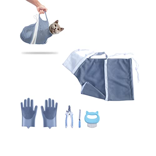 KlerRoem Cat Bathing Bag, Adjustable Anti-bite and Anti-Scratch Shower Mesh Grooming Bag for Pet Dogs, Includes Pet Nail Clipper, Nail File, Grooming Glove, and Cat Shell Comb - color: Grey Set