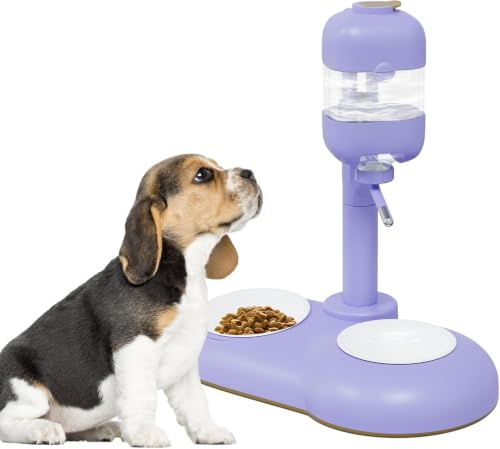 Dog Bowls with Puppy Weaning Bottles,3 in 1 Dog Bowl Set with Water Dispenser and 2 Food Grade Ceramic Bowls for Cats,Bunnies,Ferrets and Small Sized Dogs（Purple） - color: Purple