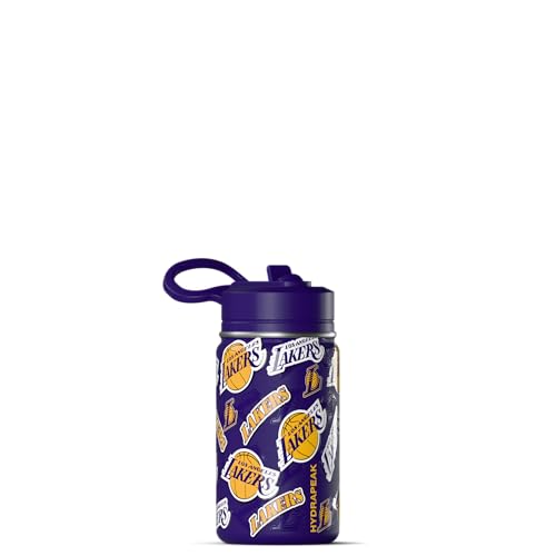 Hydrapeak NBA Officially Licensed Los Angeles Lakers Mini 14oz Kids Stainless Steel Water Bottle with Straw Lid & Flexible Handle, Double Wall Insulated, Spill Proof, Perfect for Back to School - color: Los Angeles Lakers