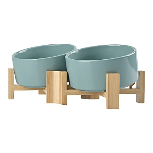 SPUNKYJUNKY 15° Slanted Ceramic Dog and Cat Bowl with Wooden Stand, Tilted Bulldog Food and Water Bowl No Slip Non-Spill for Cats Medium Dogs Big Face Pets 28.7 OZ (3.6 Cups, Light Green × 2) - color: Light Green, size: 3.6 CUPS × 2