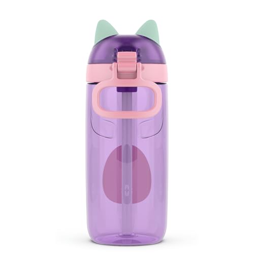 Ello Ellies 16oz BPA-Free Plastic Leakproof Kids Water Bottle, Cat | Animal shaped plastic kids water bottle with straw, leakproof locking lid, carry handle, & BPA-free design for school lunches - color: Cat, size: 16 Ounces