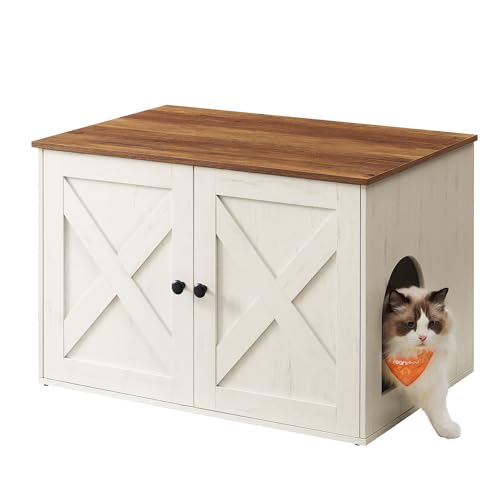 Feandrea Cat Litter Box Enclosure, Litter Box Furniture Hidden, Indoor Cat House, End Table, 27.6 x 19.7 x 19.7 Inches, Rustic White and Honey Brown UPCL022K02 - color: Honey Brown + Rustic White, size: M（27.6"L x 19.7"W x 19.7 "H）