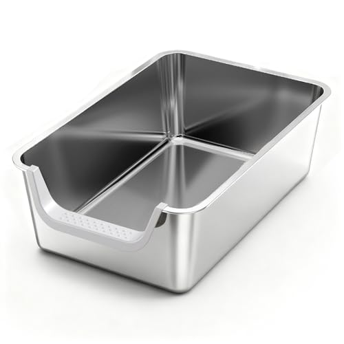 Stainless Steel Litter Box with High Sides,23.6" L X 15.7" W X 7.8" H,Extra Large Jumbo Cat Litter Box,XL Kitty Metal Liter Box for Indoor Big Cat,Non-sticky,Anti-Leakage(Entry on Short Side) - size: Entry on Short Side