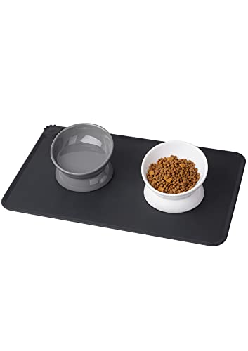 LoeJan Elevated Cat Food Bowl, 5 Oz Ceramic Raised and Tilted Water Bowl, Anti Vomiting and Protect Pets' Spines Dishes for Small Dog, Fat Faced Cat, Kitten (White & Grey) - color: White & Grey