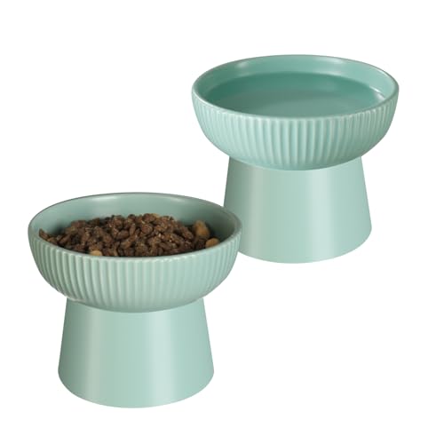 Ceramic Elevated Cat Bowls-Water Bowl, 15° Tilted Design, Anti-Vomiting & Spine Protection, Prevent Whisker Fatigue for Kittens to Adult Cats and Small Dogs (Green-Elevated Cat Bowls-2) - color: Green-Elevated Cat Bowls-2