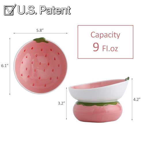 Ceramic Raised Cat Bowl, Pink, Strawberry Shaped | Elevated Food Bowl, Indoor Cats, Anti-Vomiting & Spine Protection, Cute Tilted Pet Dish, For Flat-Faced Cats and Kittens - color: Pink