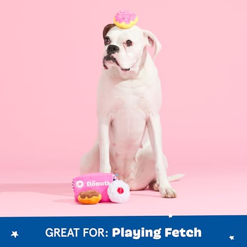BarkBox Barker's Dozen Donuts 4-in-1 Interactive Plush Dog Toy | Squeaky Dog Toys with Crinkle Box - For Small Dogs and Puppies - color: Donuts