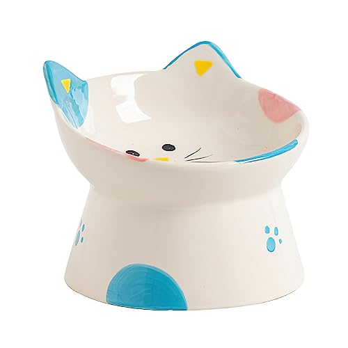 Cute Ceramic Raised Cat Bowls Elevated Design, 15° Tilted FeederProtect Cat's Spine Anti Vomiting Blow for Flat Faced Cats, Kitten Small Dogs,Raise Tilted Cat Food Bowld Pet Dishes(Blue) - color: Blue